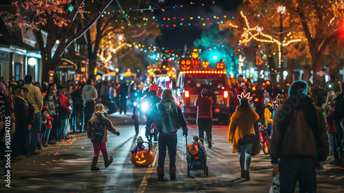 A bustling Halloween parade with people in costumes, floats, and festive lights, capturing the excitement and fun of the holiday