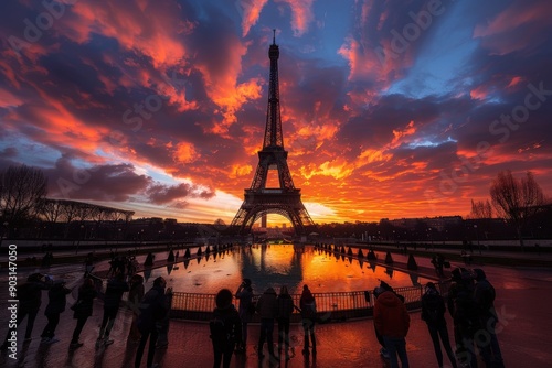 The iconic Eiffel Tower stands tall against a breathtaking sunset sky, with a crowd of people admiring the stunning view and capturing the moment, symbolizing romance and beauty. photo