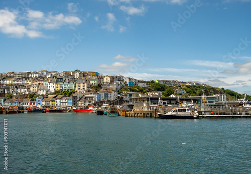 Colourful houses overlooking the harbour in the seaside town of Brixham on the Devon coast