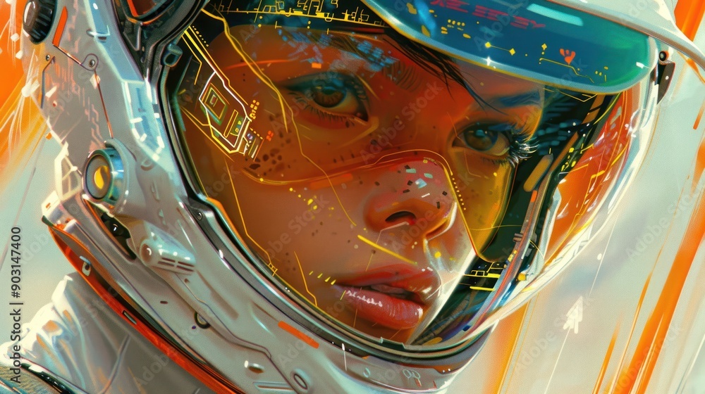 Close-up Portrait of a Woman in a Futuristic Helmet Close-up Portrait of a Woman in a Futuristic Helmet