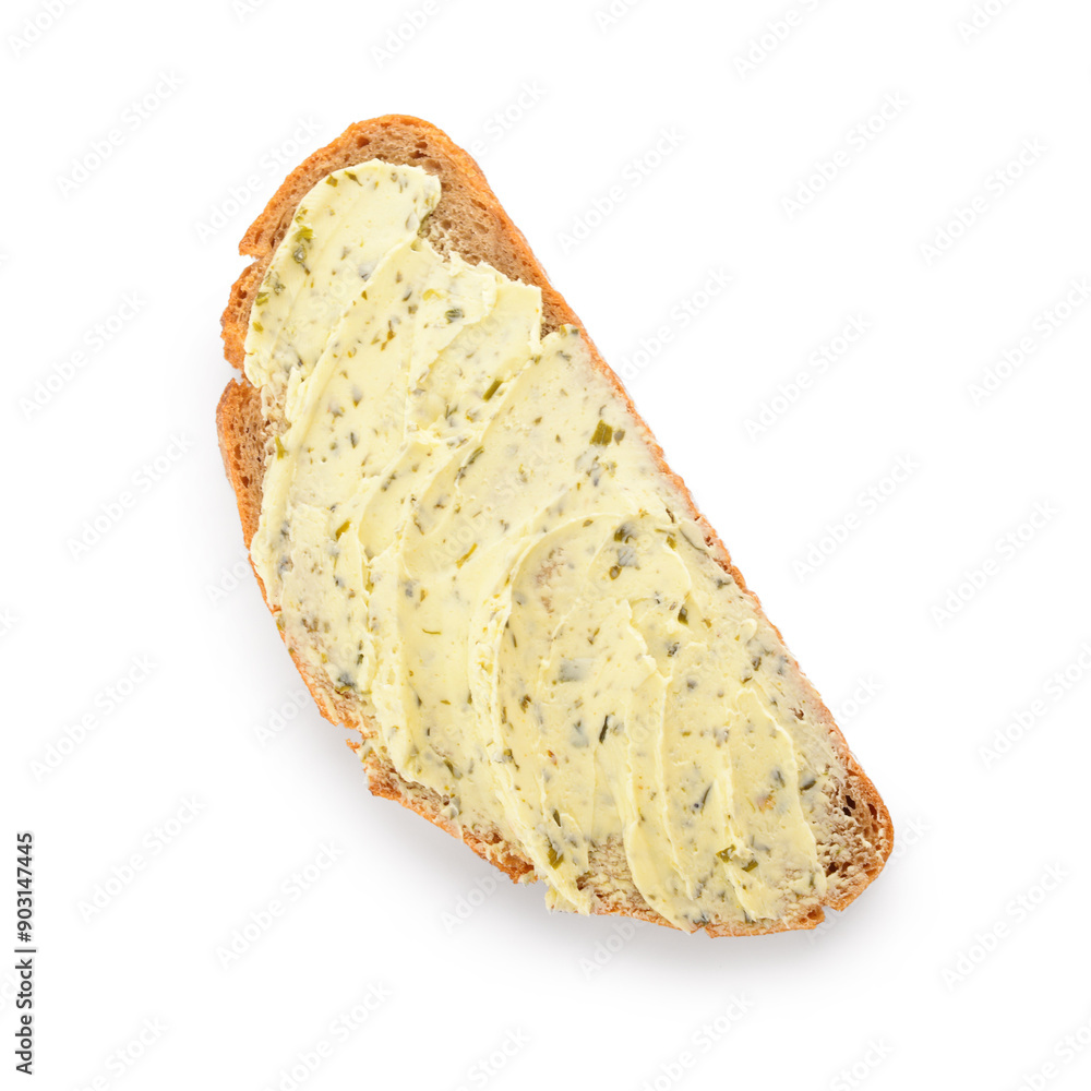 Bread slice with fresh butter on white background Bread slice with fresh butter on white background