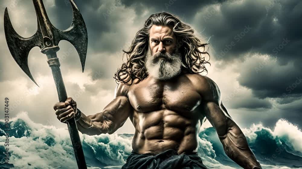Poseidon God of the Seas, with a trident in his hand, Greek mythology ...