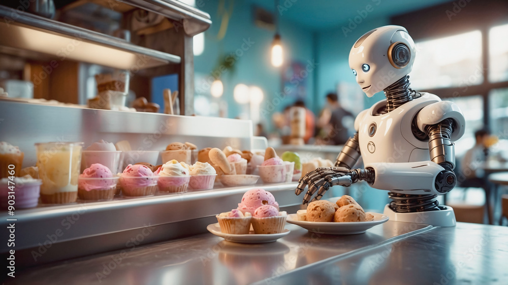 Futuristic humanoid robot serving ice cream, working as waiter at cafe or restaurant. Artificial intelligence, robotics concept Futuristic humanoid robot serving ice cream, working as waiter at cafe or restaurant. Artificial intelligence, robotics concept