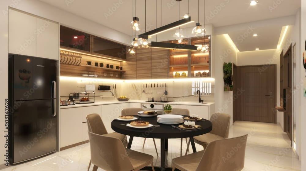 Modern Kitchen and Dining Area with Black Appliances and a Wooden Accent Wall Modern Kitchen and Dining Area with Black Appliances and a Wooden Accent Wall