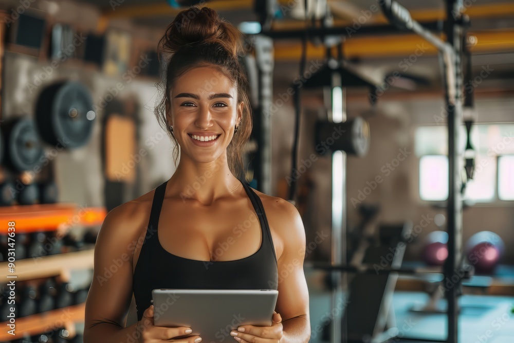 A fit muscular female personal trainer smiling at the camera in a gym, close up A fit muscular female personal trainer smiling at the camera in a gym, close up
