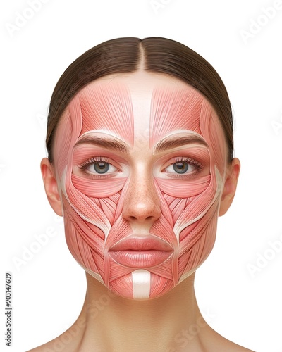 Frontal view of a young woman smiling, half of his face showing internal muscles anatomy