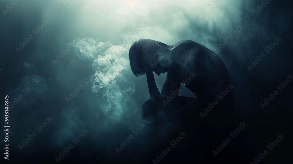 Naklejka premium Silhouette of Person in Contemplative Pose with Smoke.