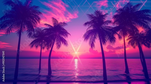 Vibrant Neon Sunset with Palm Trees.