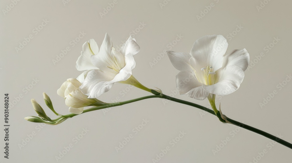 Obraz premium White Freesia Flower with Buds and Stem on a Light Background