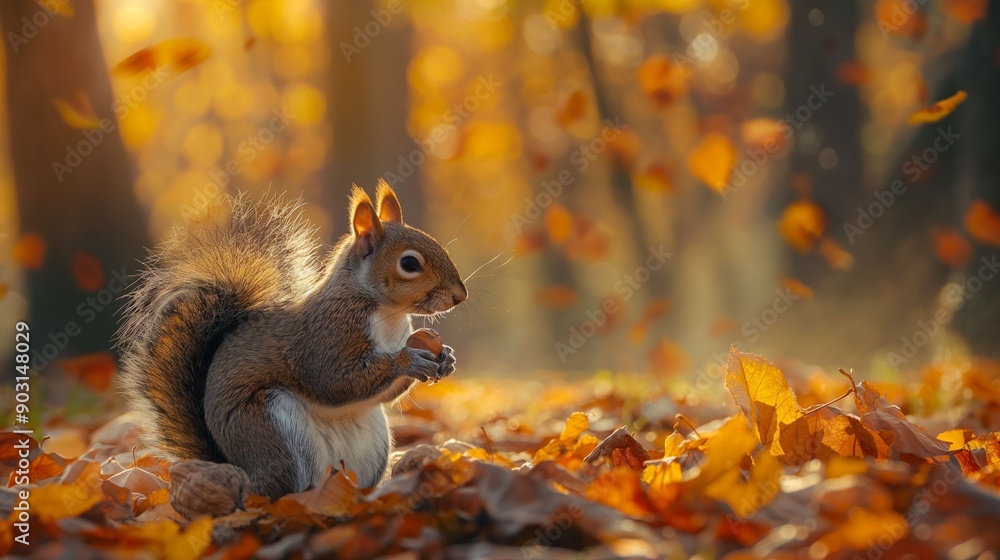 Squirrel with Acorn in Autumn Forest. Squirrel with Acorn in Autumn Forest.
