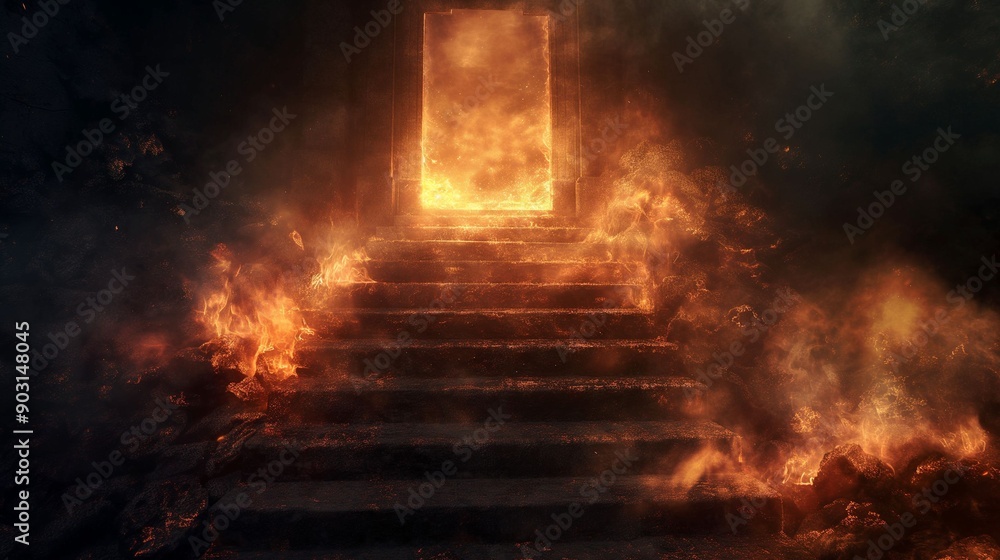 Fototapeta premium Fiery Staircase Leading to Burning Portal.