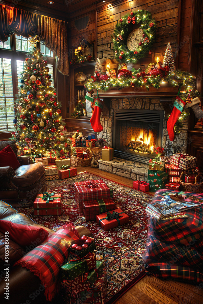 Decorated Living Room With Christmas Tree, Fireplace, and Gifts Decorated Living Room With Christmas Tree, Fireplace, and Gifts