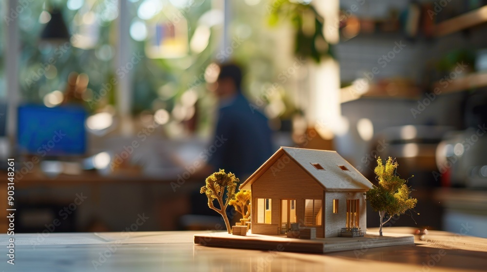 Miniature Wooden House Model on a Table Miniature Wooden House Model on a Table