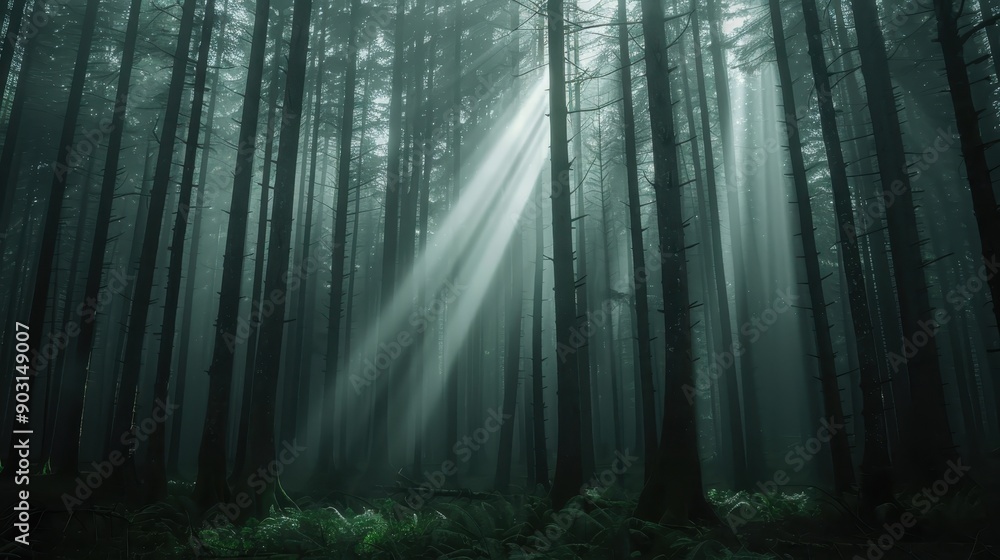 Fototapeta premium Rays of sunlight filter through tall, dense trees in a tranquil, misty forest, creating a calming ambiance and a beautiful interplay of light and shadows.