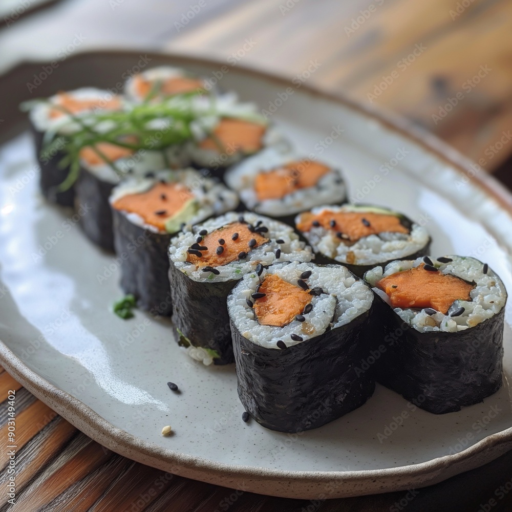 Plate of sweet potato and avocado sushi rolls garnished with black sesame seeds. Ideal for vegan food visuals and healthy eating concepts. Plate of sweet potato and avocado sushi rolls garnished with black sesame seeds. Ideal for vegan food visuals and healthy eating concepts.