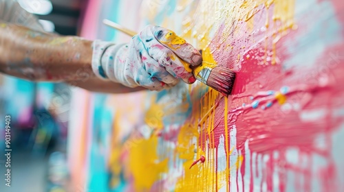 A hand paints with vibrant colors on a canvas in a dynamic art studio setting, illustrating the creative process, passion, and energy involved in artistic expression. photo