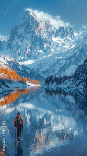 French Alps landscape of Lac des Cheserys with Mont Blanc massif and trail runner reflection at France