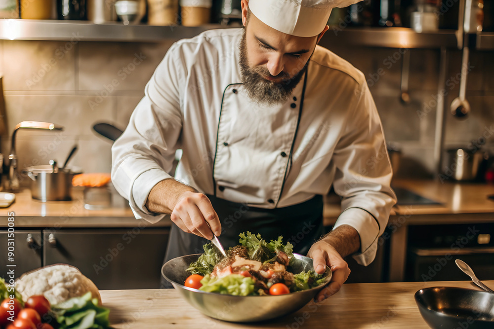 Focused Chef Preparing Fresh Salad in Modern Kitchen Focused Chef Preparing Fresh Salad in Modern Kitchen