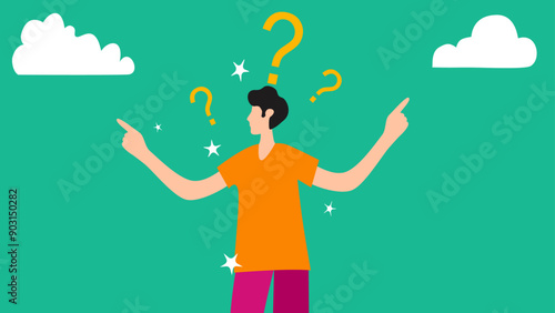 Vector illustration of a confused man surrounded by question marks, pointing in different directions. This image represents decision-making, confusion, choices, and uncertainty. Ideal for business
