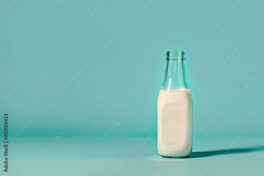glass bottle of milk on blue background, copy space, minimalistic glass bottle of milk on blue background, copy space, minimalistic