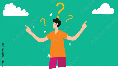 Vector illustration of a confused man surrounded by question marks, pointing in different directions. This image represents decision-making, confusion, choices, and uncertainty. Ideal for business