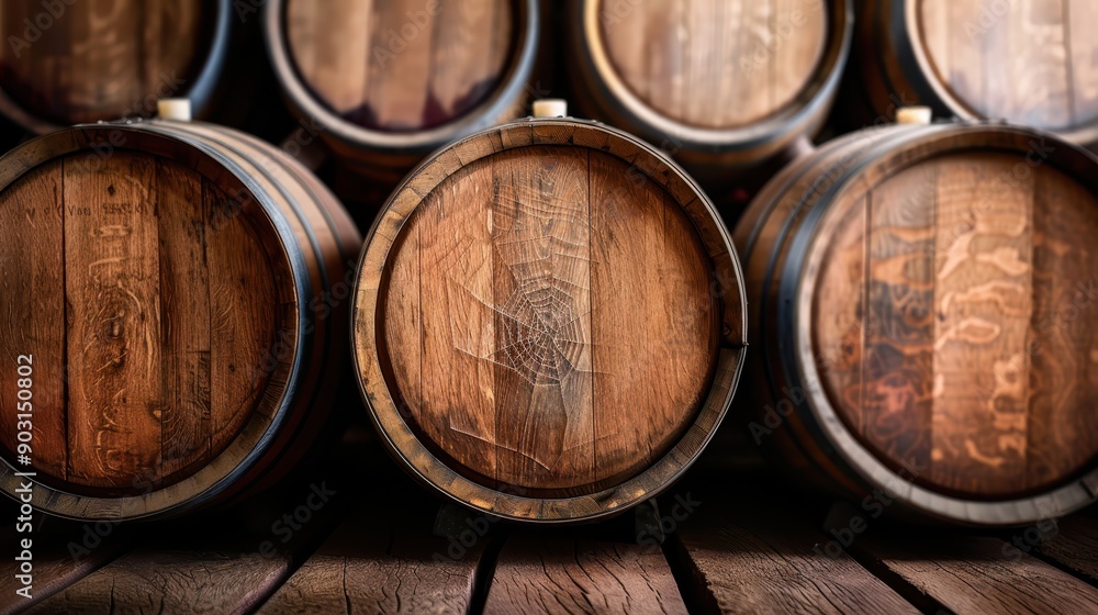 A collection of large wooden wine barrels arranged on a wooden floor in a cellar, with intricate details and a rustic, vintage aesthetic. A collection of large wooden wine barrels arranged on a wooden floor in a cellar, with intricate details and a rustic, vintage aesthetic.