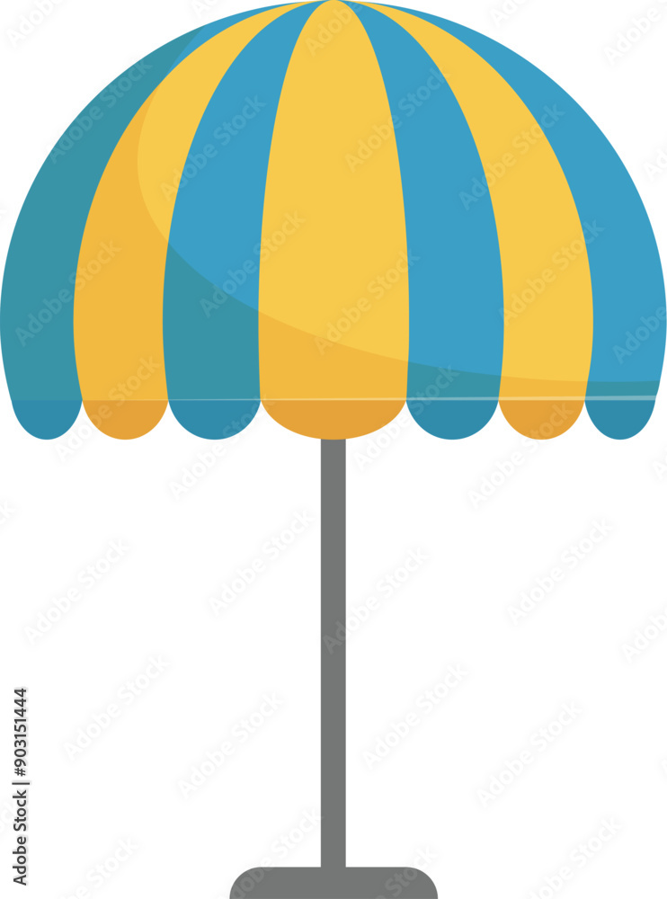 Blue and yellow striped beach umbrella, providing shade from the sun on a sunny day Blue and yellow striped beach umbrella, providing shade from the sun on a sunny day
