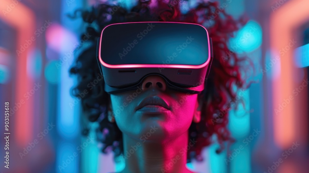 The scene presents a single individual immersed in a futuristic virtual reality experience enhanced by vivid neon lights, representing the synthesis of technology and immersive entertainment. The scene presents a single individual immersed in a futuristic virtual reality experience enhanced by vivid neon lights, representing the synthesis of technology and immersive entertainment.