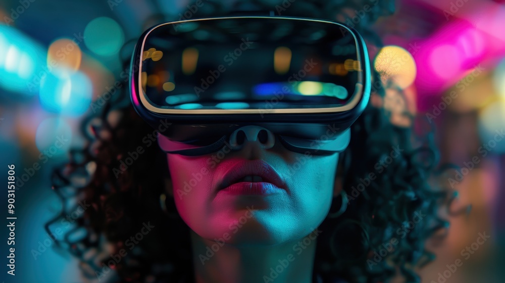A person with a VR headset on is surrounded by a dynamic neon backdrop, experiencing immersive technology and futuristic visuals with glowing lights and modern ambiance. A person with a VR headset on is surrounded by a dynamic neon backdrop, experiencing immersive technology and futuristic visuals with glowing lights and modern ambiance.