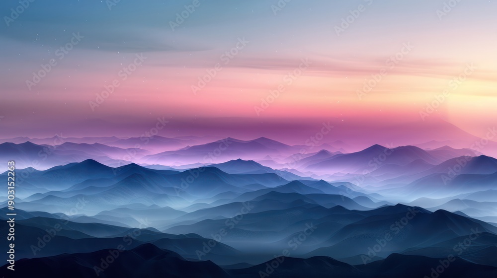 A beautiful mountain range with a blue sky and a pink sunset. The mountains are covered in mist and the sky is filled with stars. The scene is serene and peaceful A beautiful mountain range with a blue sky and a pink sunset. The mountains are covered in mist and the sky is filled with stars. The scene is serene and peaceful