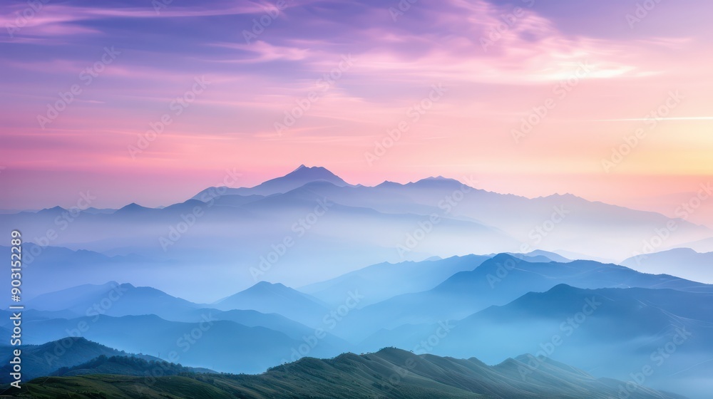 Obraz premium The mountains are covered in a blue mist and the sky is a beautiful shade of pink. The scene is serene and peaceful, with the mountains towering over the landscape