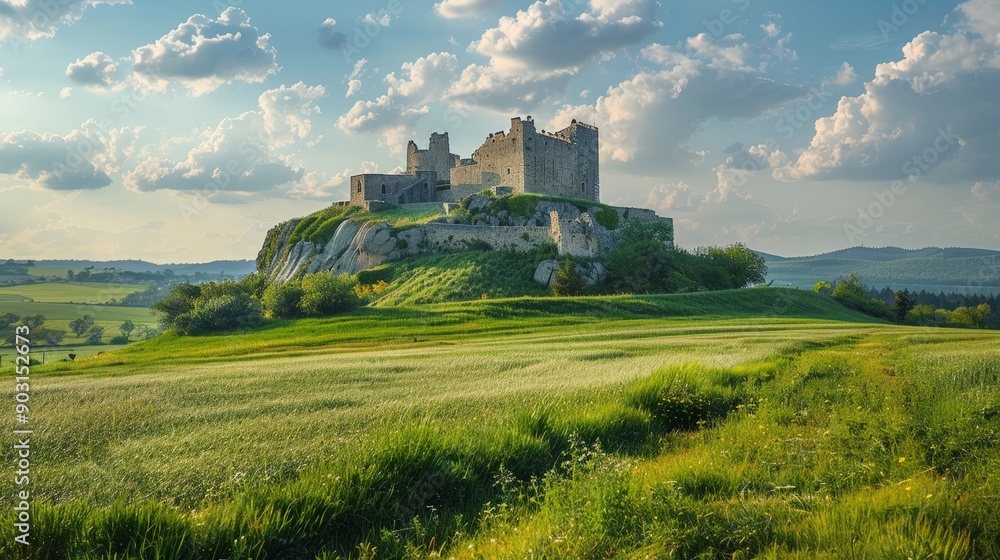 Historic castle on a hill with surrounding lush green fields, medieval charm Historic castle on a hill with surrounding lush green fields, medieval charm