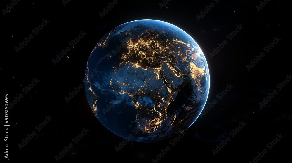 3D Earth with atmospheric clouds and night lights visible in Europe 3D Earth with atmospheric clouds and night lights visible in Europe