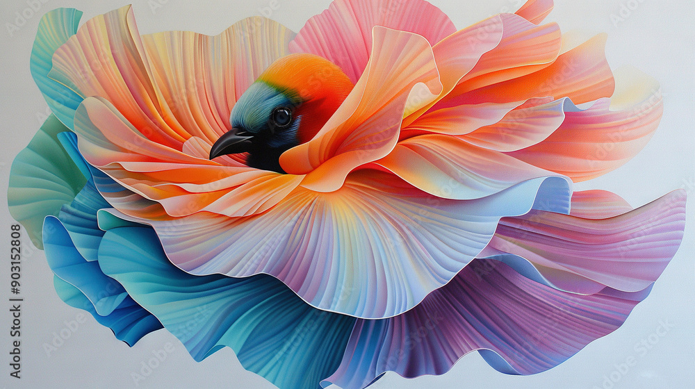 Fototapeta premium A vibrant depiction featuring a bird within a flower, with a contrasting blue avian companion at its center