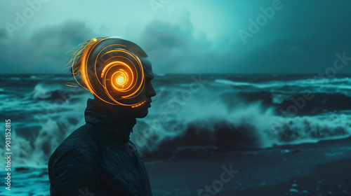 Silhouette of a person with glowing neon headgear, standing by the stormy ocean photo