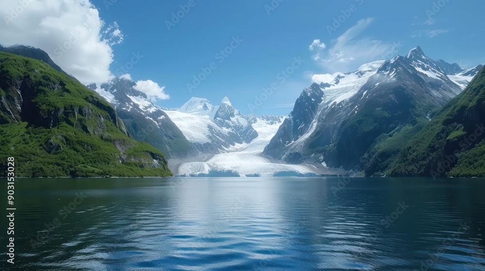 A beautiful mountain range with a large body of water in the foreground. The water is calm and clear, reflecting the blue sky above. The scene is serene and peaceful A beautiful mountain range with a large body of water in the foreground. The water is calm and clear, reflecting the blue sky above. The scene is serene and peaceful
