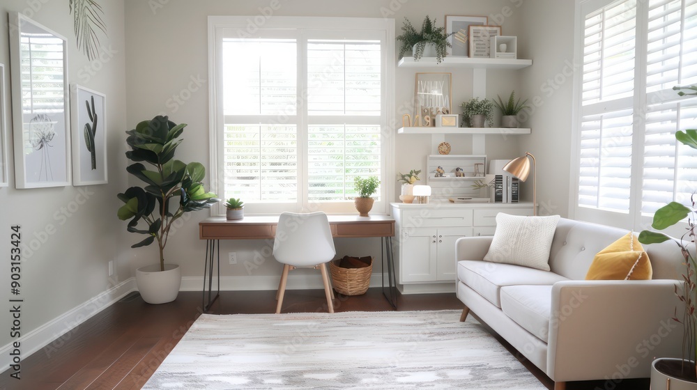 A living room with a white couch, a desk with a chair, and a potted plant A living room with a white couch, a desk with a chair, and a potted plant