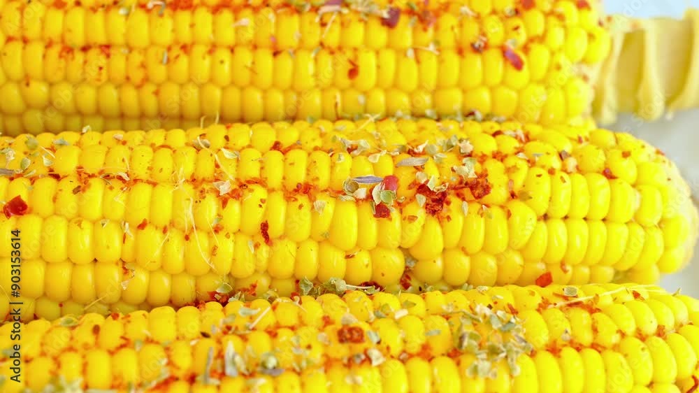 Close-up of boiled and heavily seasoned corn Close-up of boiled and heavily seasoned corn