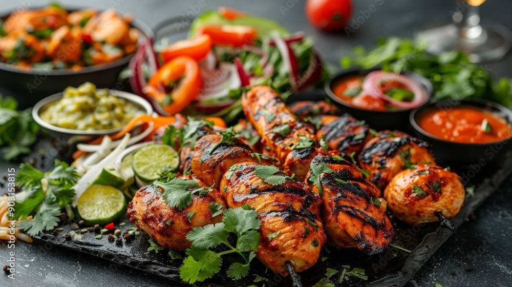 A delectable Indian meal with chicken tikka masala, tandoori chicken, and appetizers on dark concrete background A delectable Indian meal with chicken tikka masala, tandoori chicken, and appetizers on dark concrete background