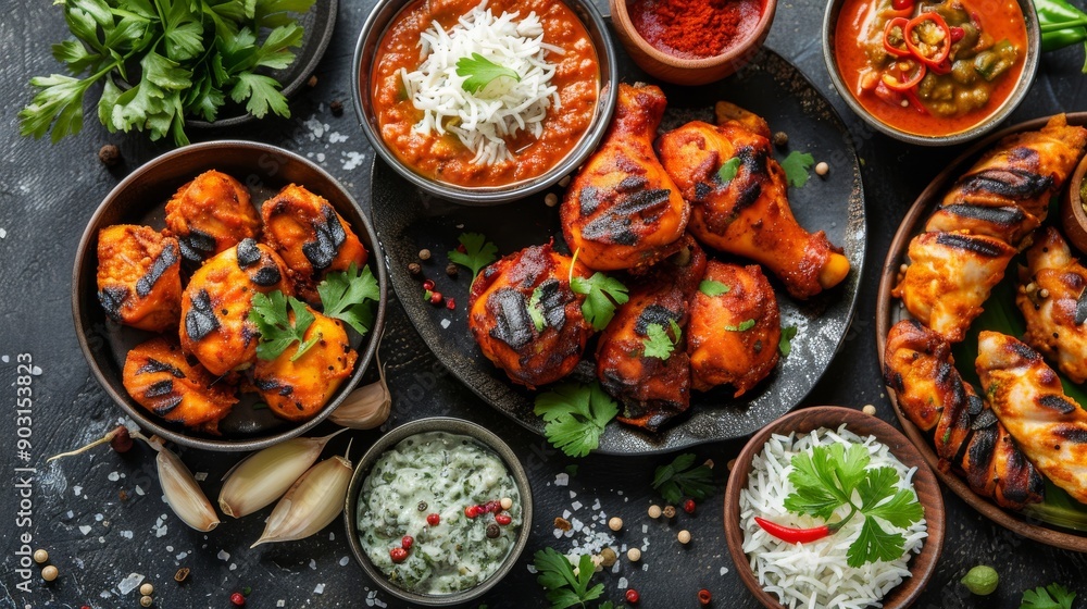 A delectable Indian meal with chicken tikka masala, tandoori chicken, and appetizers on dark concrete background A delectable Indian meal with chicken tikka masala, tandoori chicken, and appetizers on dark concrete background