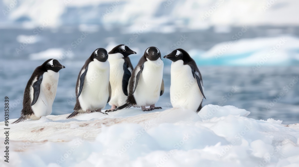 Obraz premium A group of penguins are standing on a snowy surface near the water. The penguins are all facing the same direction, and they appear to be looking at something in the distance. The scene is peaceful