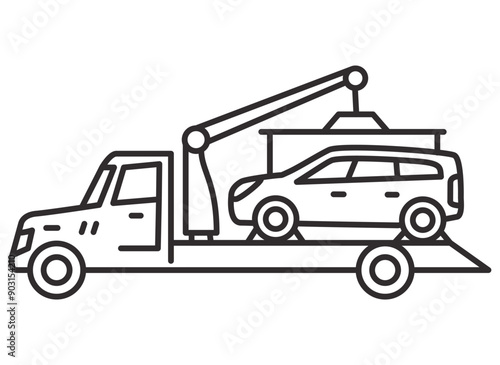 Tow truck icon.Towing truck van with car.City road assistance service evacuator.Car towing truck.Towing truck delivers the broken car. Outline vector illustration.Isolated on white background.
