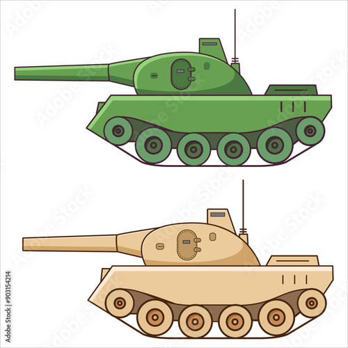 Military vehicle with gun. Armored vehicle.Weapons for modern warfare.Army tank.Tank military.Tank line art vector illustration.Isolated on white background.