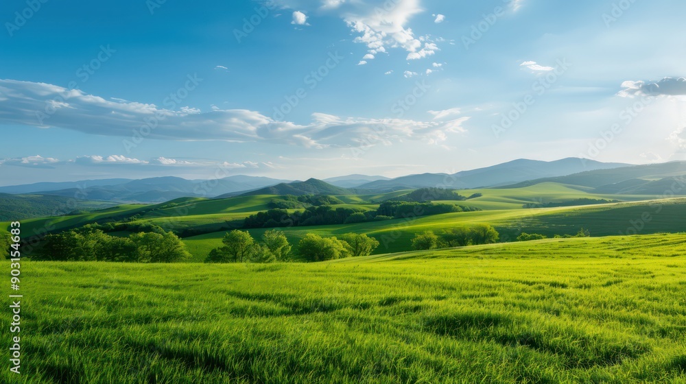 A large, open field with a clear blue sky and a few clouds. The sky is bright and sunny, and the grass is lush and green. The scene is peaceful and serene A large, open field with a clear blue sky and a few clouds. The sky is bright and sunny, and the grass is lush and green. The scene is peaceful and serene