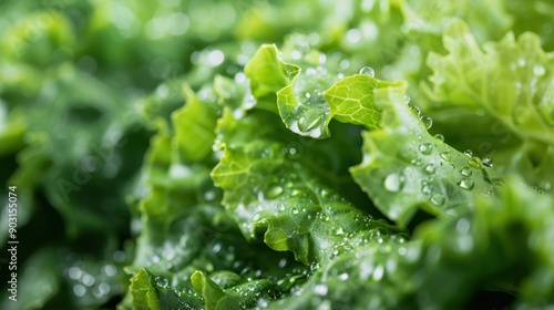 A detailed close-up image of fresh green lettuce leaves covered in sparkling water droplets, highlighting the freshness and crisp texture, symbolizing healthy and natural food.