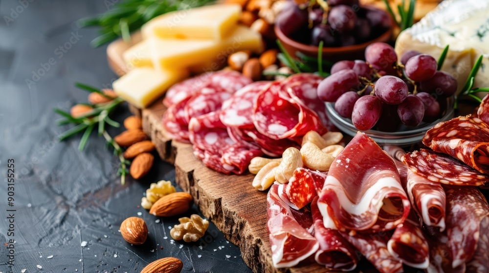 A visually appealing charcuterie board featuring a variety of sliced meats, cheeses, fresh grapes, and an assortment of nuts, presented in a rustic and inviting style. A visually appealing charcuterie board featuring a variety of sliced meats, cheeses, fresh grapes, and an assortment of nuts, presented in a rustic and inviting style.
