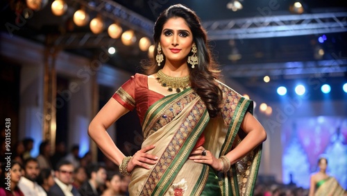 Wallpaper Mural Woman in a saree attending a fashion show with a confident and stylish demeanor. Torontodigital.ca