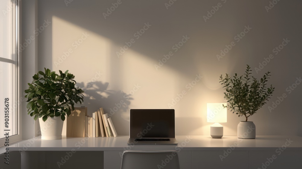 A white desk with a laptop, a lamp, and two potted plants. The desk is in a room with a window, and the sunlight is shining on the laptop. The desk is organized with books and a vase A white desk with a laptop, a lamp, and two potted plants. The desk is in a room with a window, and the sunlight is shining on the laptop. The desk is organized with books and a vase