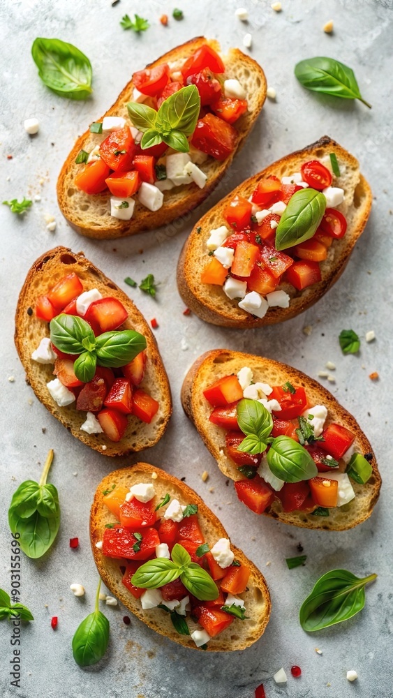 Bruschetta with Ricotto cheese and cherry tomatoes, basil, garlic on a black background. Food. Food background Bruschetta with Ricotto cheese and cherry tomatoes, basil, garlic on a black background. Food. Food background