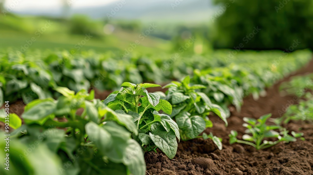 A field of green plants with a few brown spots. The plants are growing in a row. The field is surrounded by a dirt road A field of green plants with a few brown spots. The plants are growing in a row. The field is surrounded by a dirt road